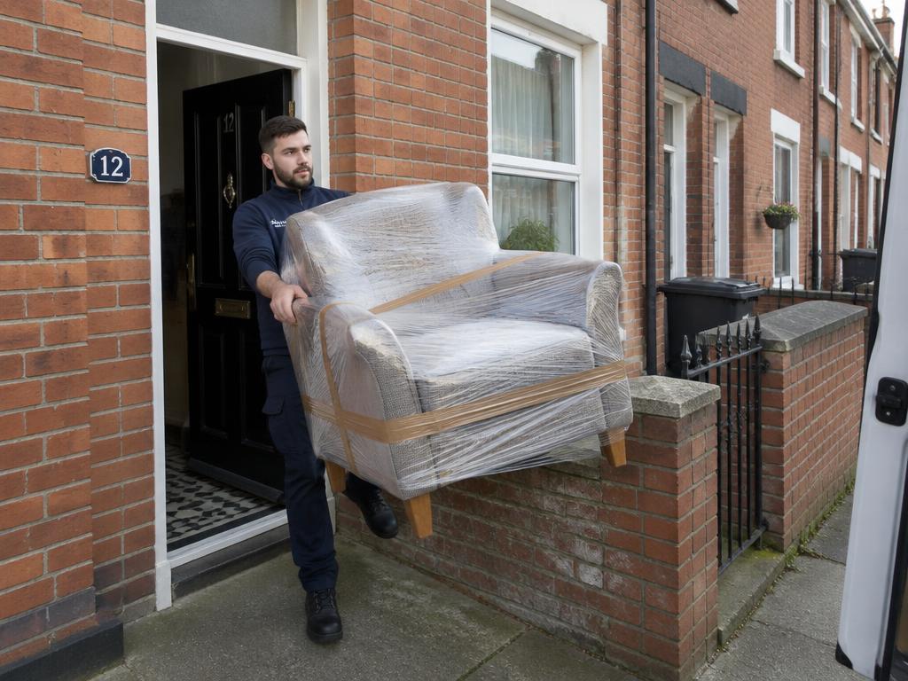 Carrying an armchair out of a terraced house